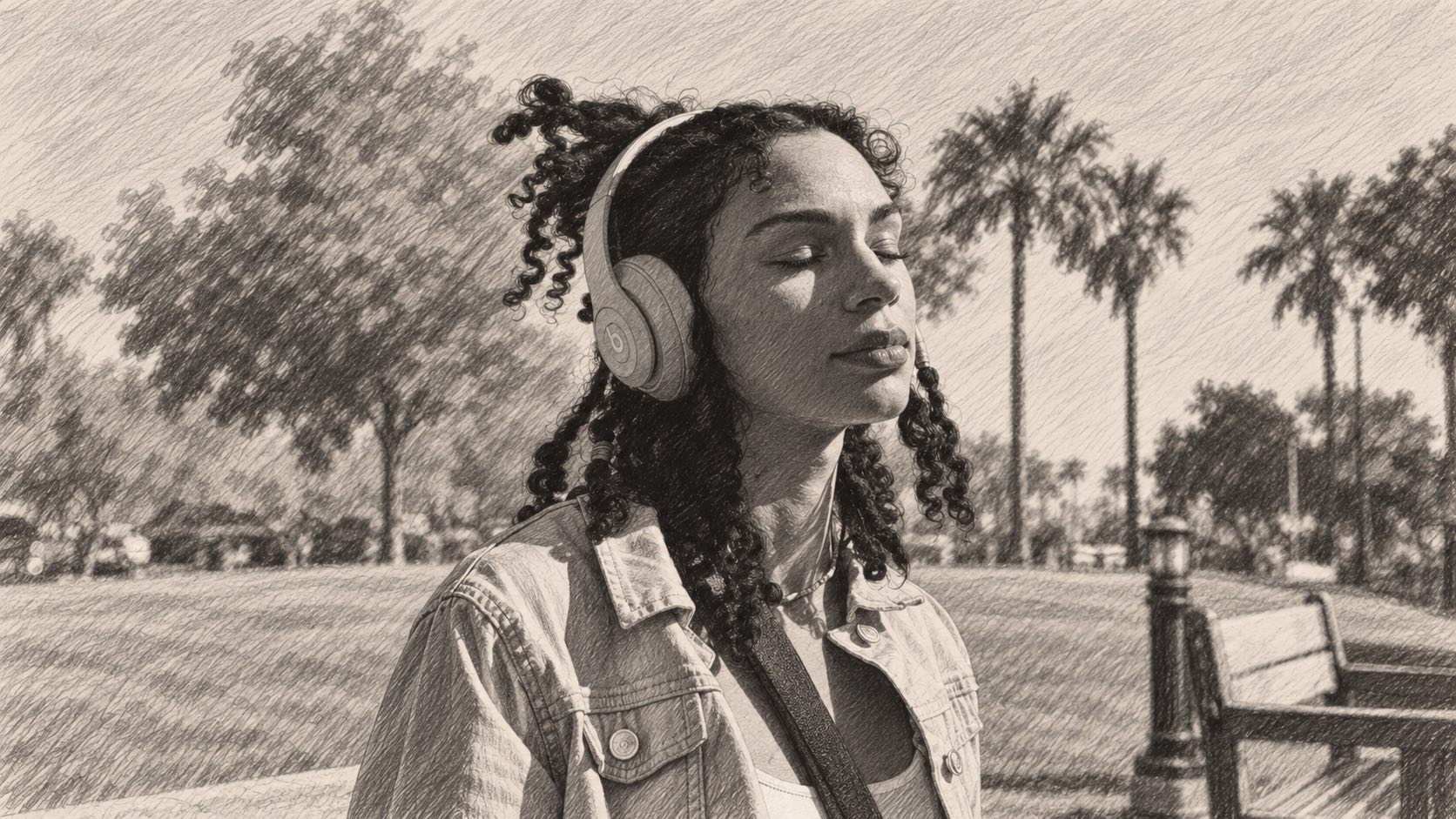 Illustrated comp: A woman with headphones and closed eyes enjoys a quiet moment beneath the Santa Barbara palms