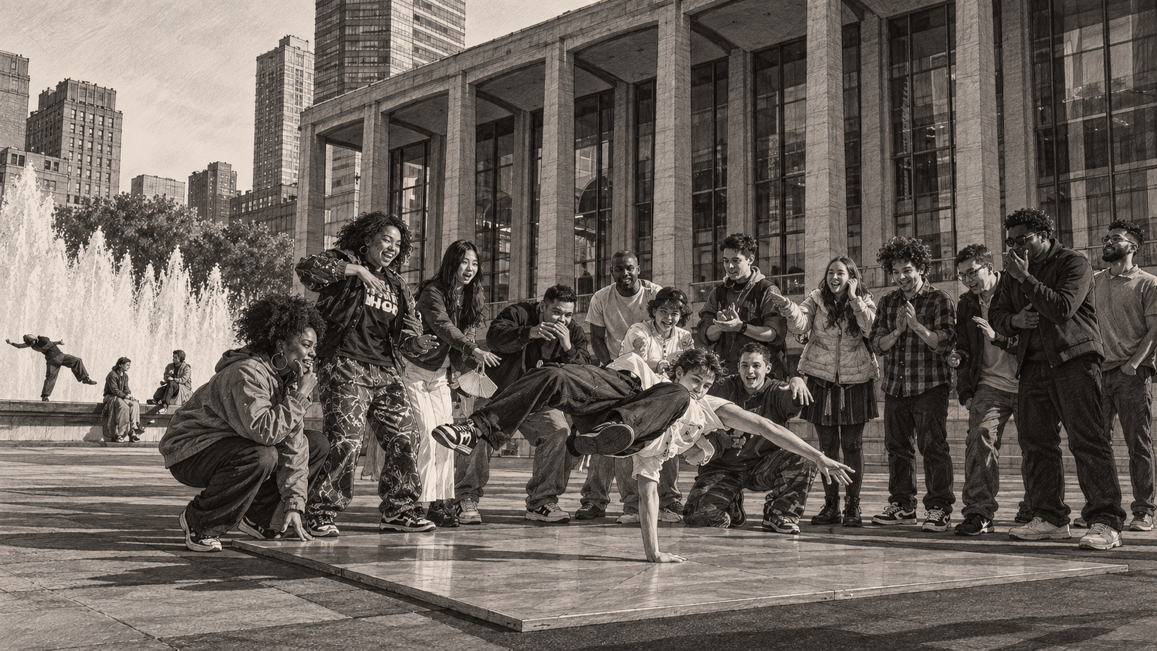 Illustrated comp: Breakdancer and a cheering circle at the Lincoln Center fountain